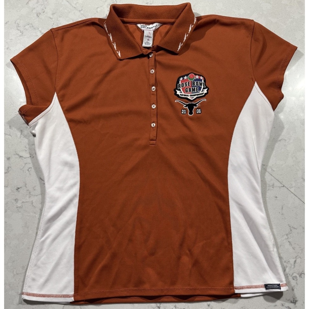 VTG Y2K Texas Longhorns Polo Shirt Womens XL Orange 2006 Rose Bowl Pro Celebrity